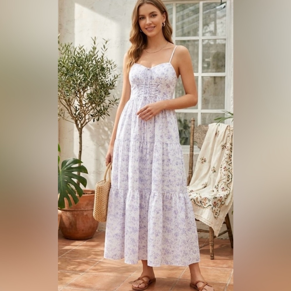 Francesca's Collections Lavender Floral Lace-Up Maxi Dress